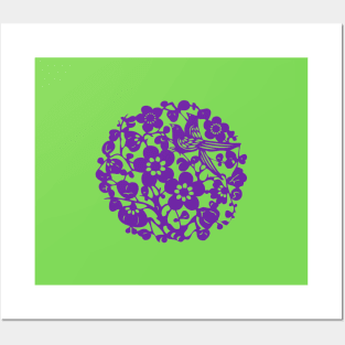 Traditional Chinese Paper Cutting Floral Pattern - Hong Kong Retro Vivid Lime Green with Purple Symbol Posters and Art